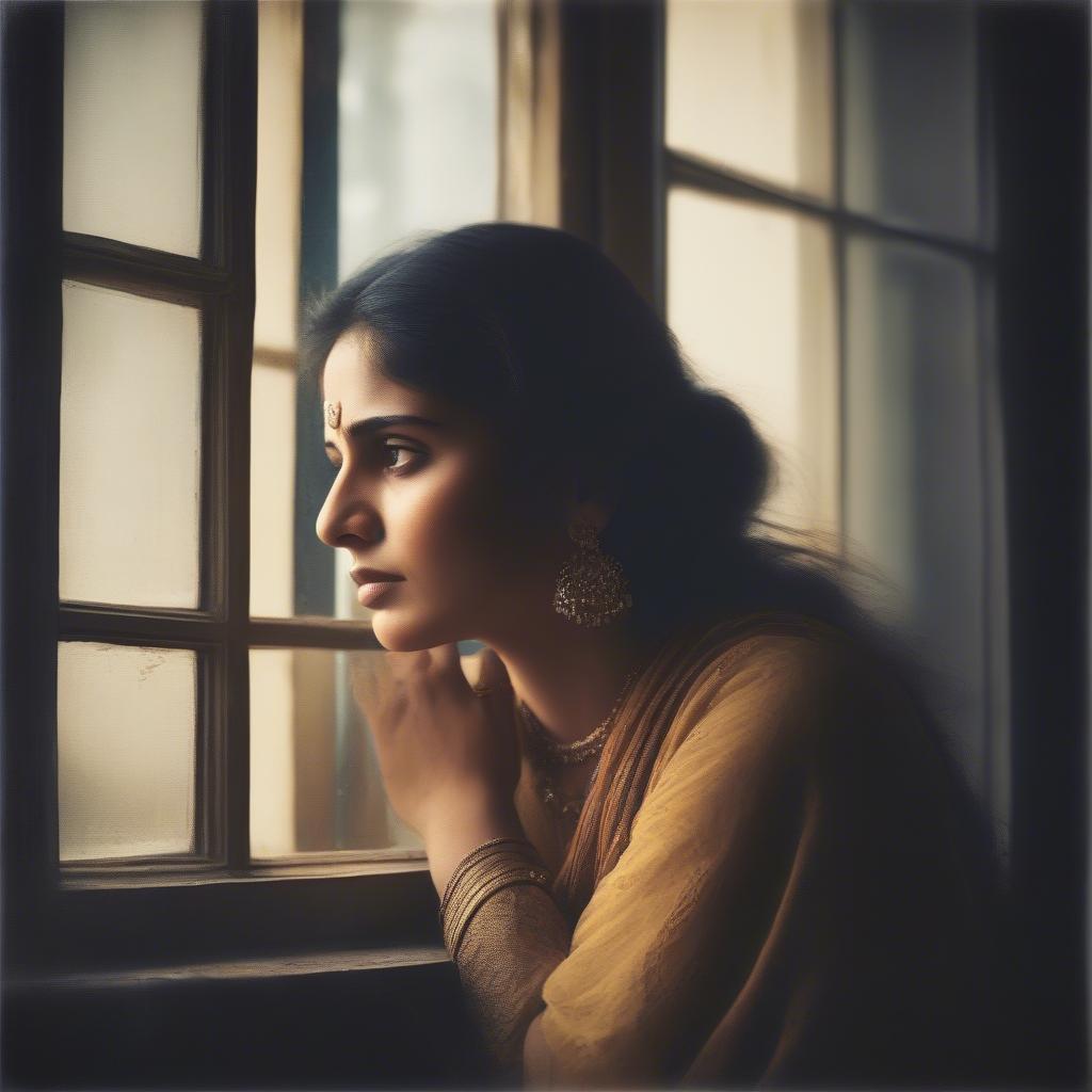 A single glance shayari: A woman looking longingly through a window