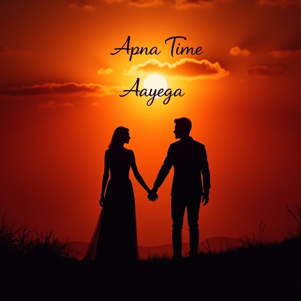 Romantic Shayari with a couple silhouetted against a sunset and the text "Apna Time Aayega"