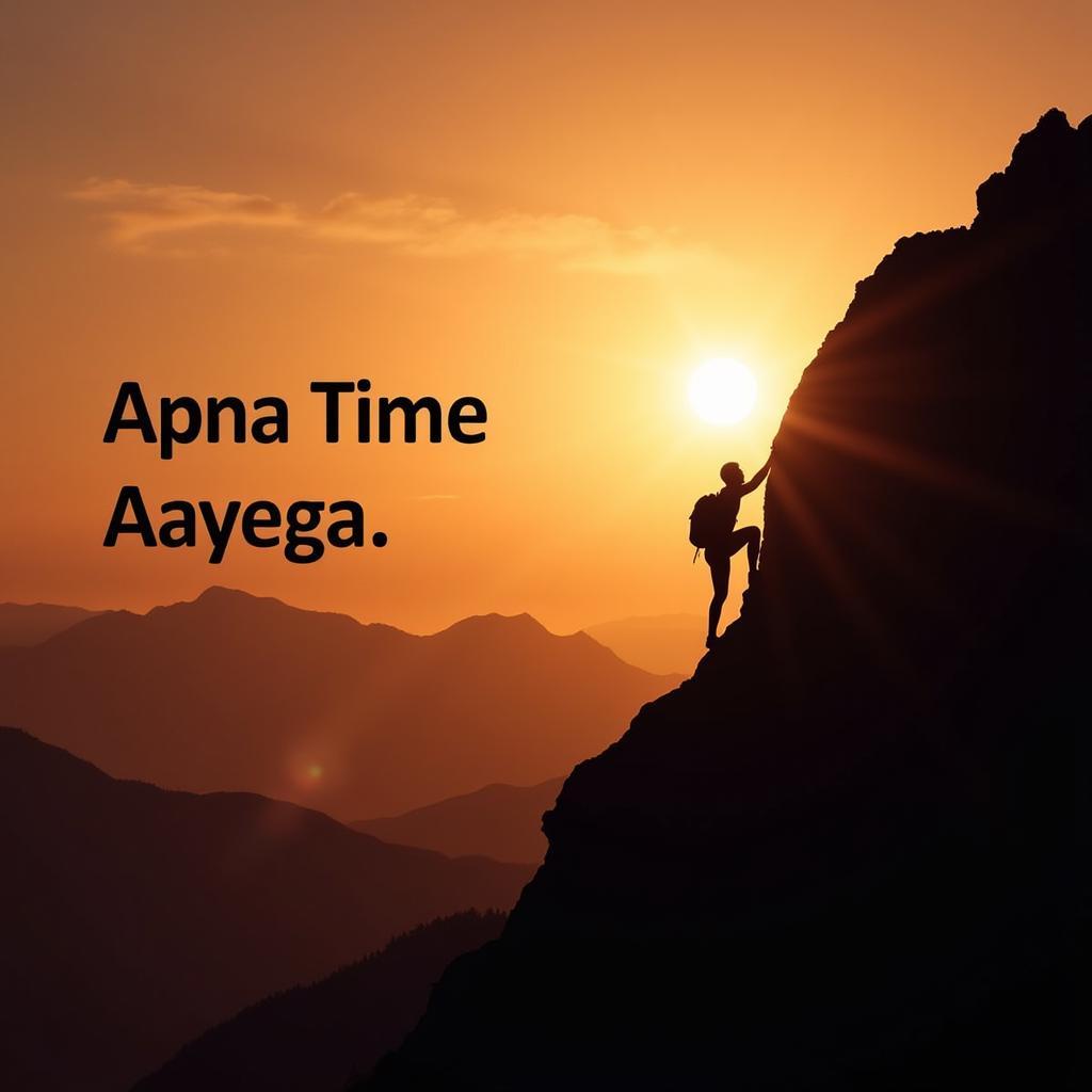 Motivational Shayari depicting a person climbing a mountain with the text "Apna Time Aayega"