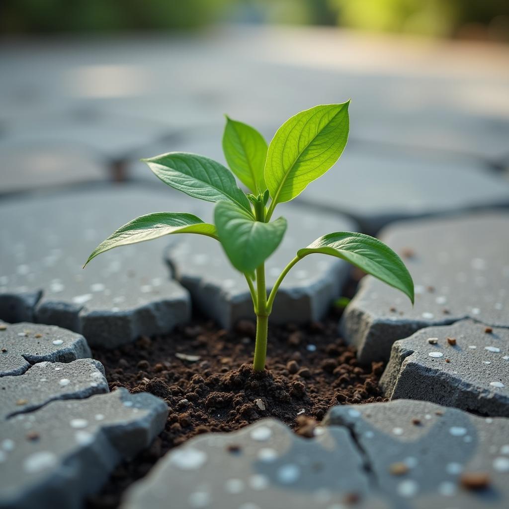 A small plant growing through cracks in concrete. This symbolizes resilience and growth in the face of adversity.