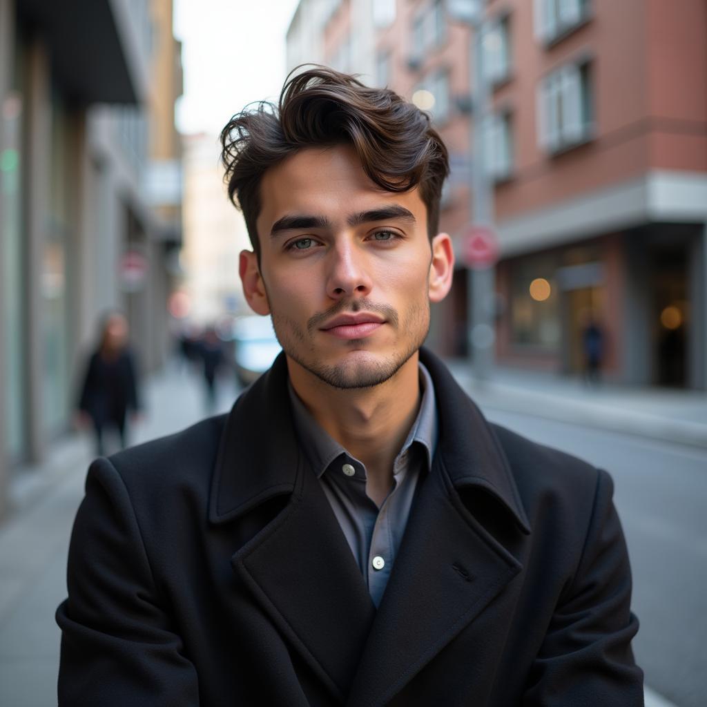 A stylish young man exuding confidence with his posture and attire.