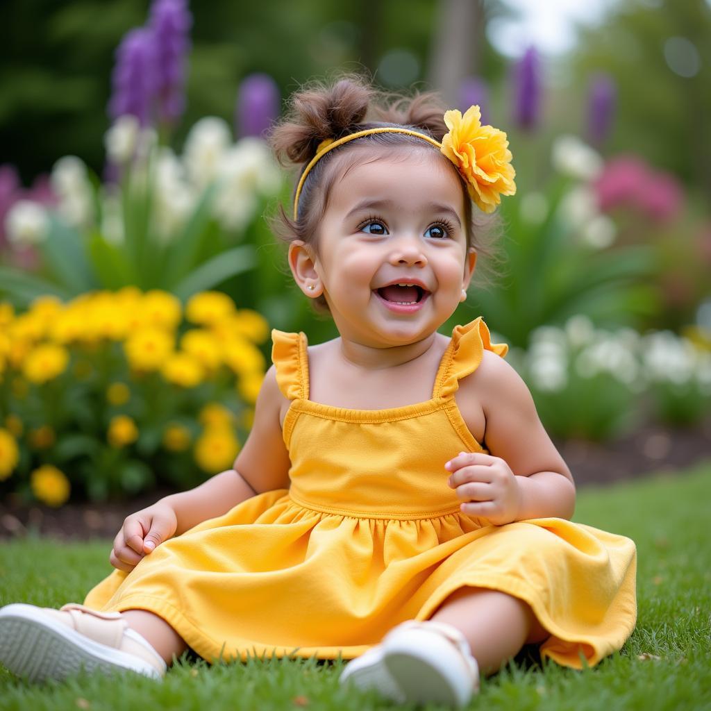 A smiling baby girl wearing a colorful dress, sitting happily in a garden. 