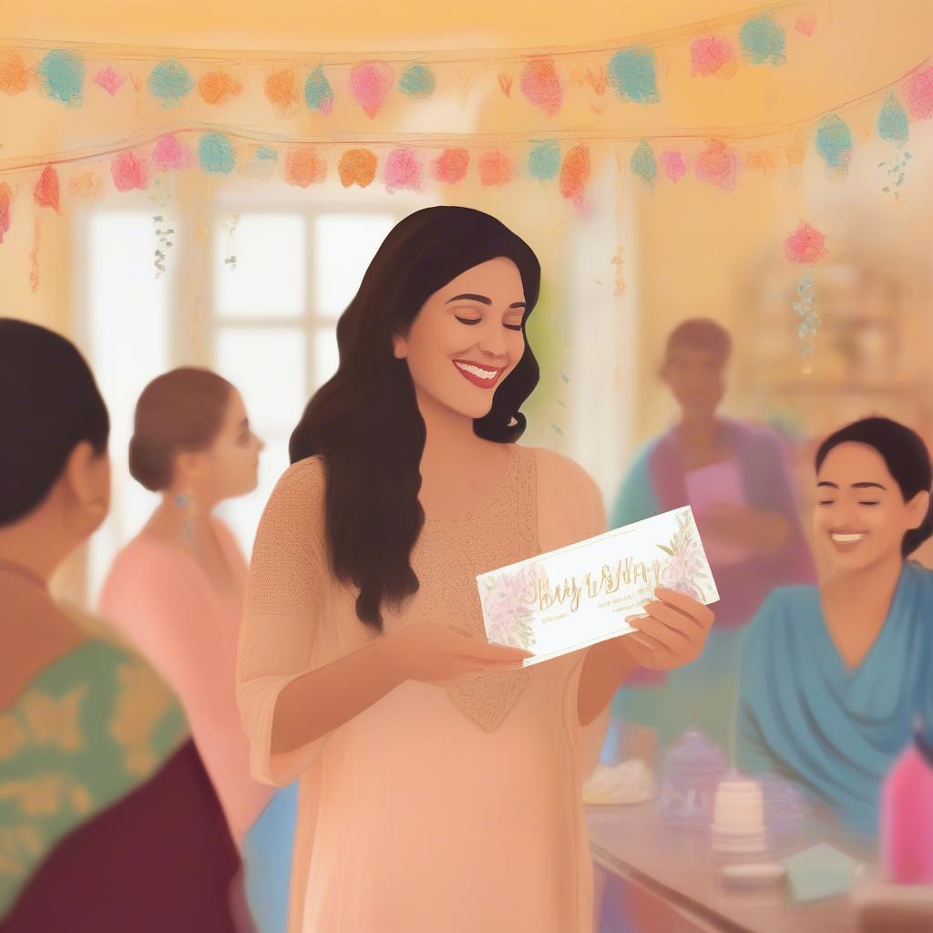 A woman reading a Hindi poem at a baby shower