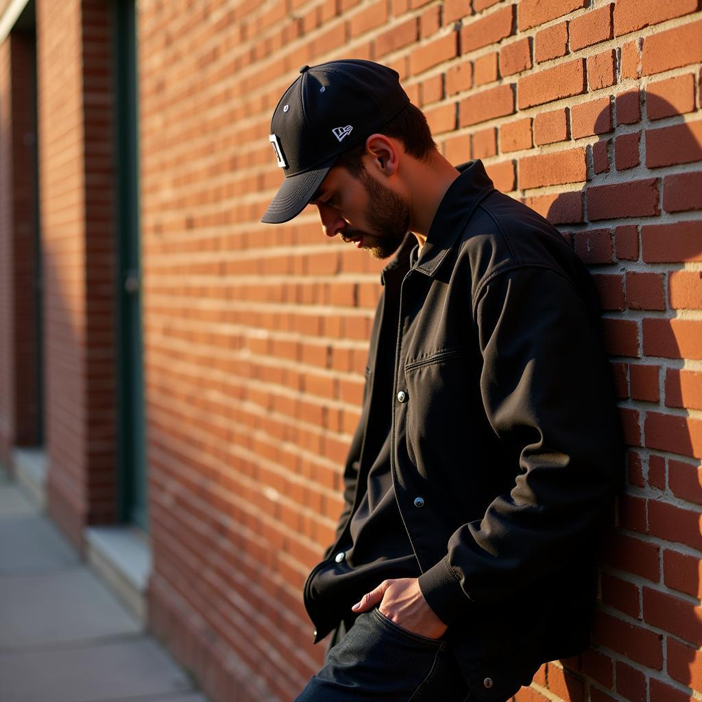 Man Leaning Against Brick Wall in Urban Setting