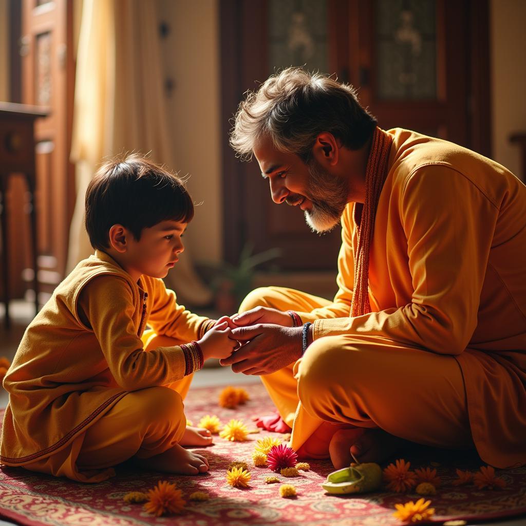 A young man respectfully touching his older brother's feet in a traditional Indian setting.