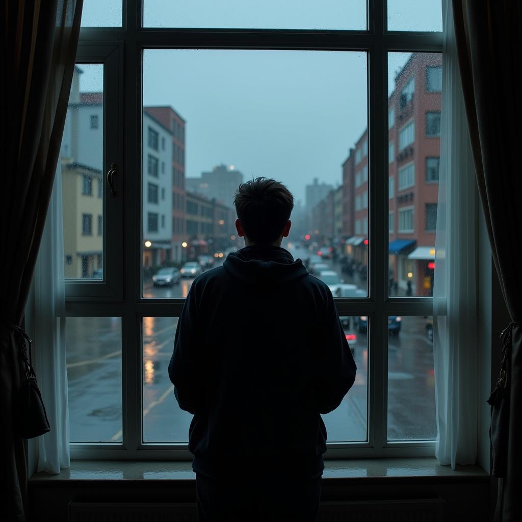 A solitary figure watching the rain