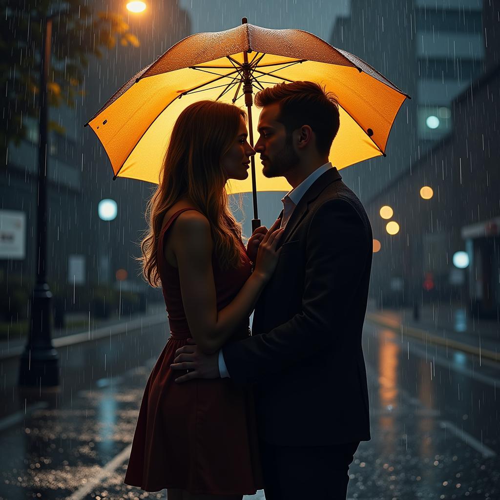 A romantic couple sharing an umbrella in the rain