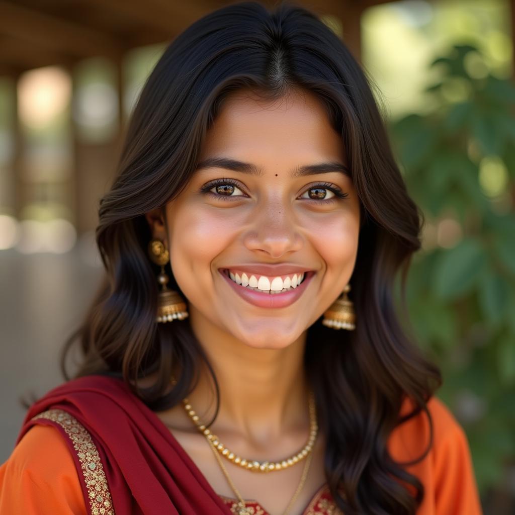 A woman smiling radiantly after receiving a compliment in Hindi.