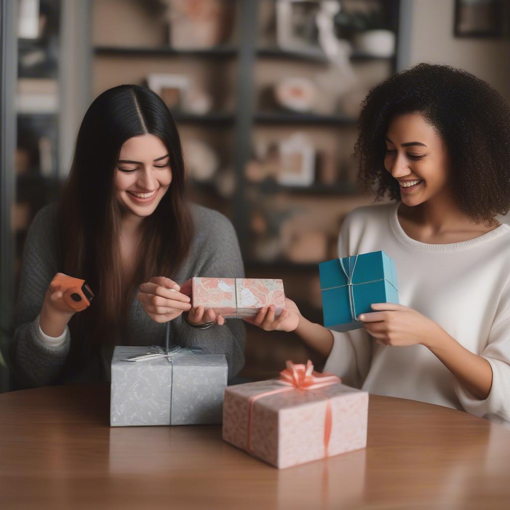 Two friends exchanging personalized gifts