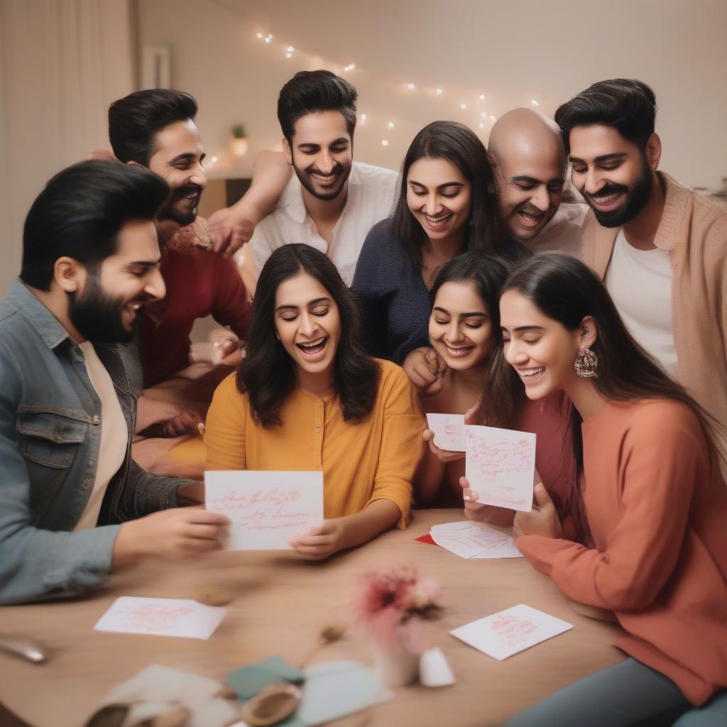 A group of friends sharing laughter and reading shayari from a card.