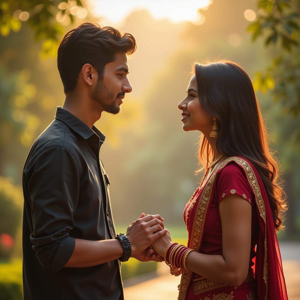 A couple gazing lovingly at each other amidst a picturesque backdrop, illustrating the power of romantic expression in Hindi.