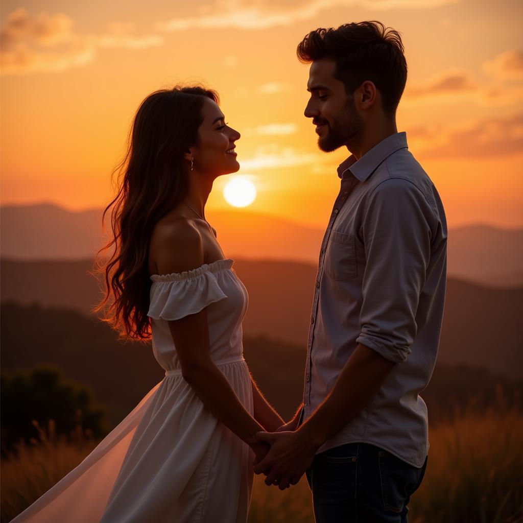 Romantic couple gazing lovingly at each other, with a soft, warm light surrounding them