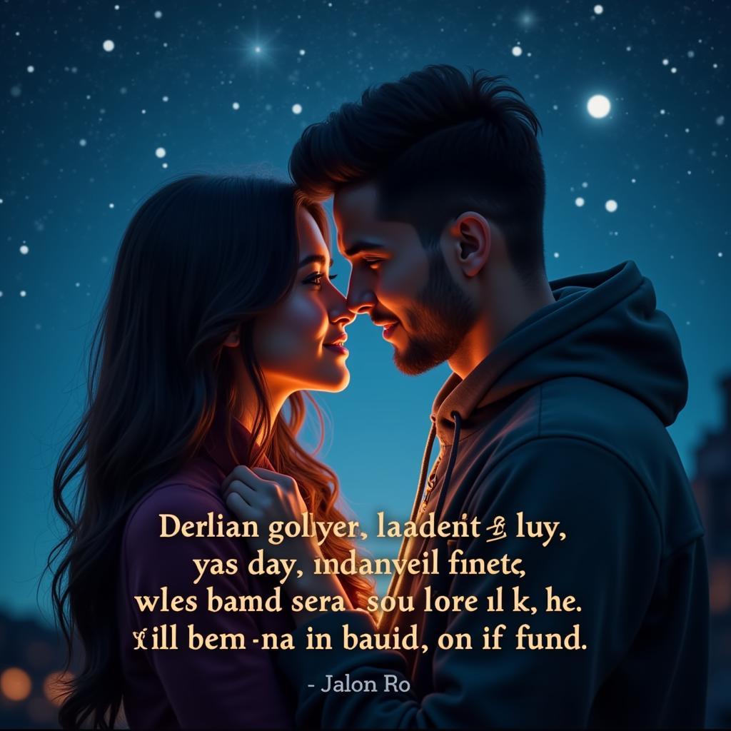 A romantic couple gazing into each other's eyes, with a beautiful shayari overlaid on the image.