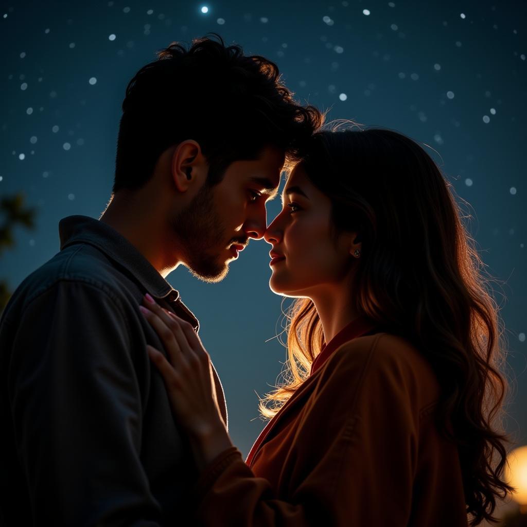 A romantic couple embracing under a starlit sky, symbolizing the deep connection and love expressed through sher shayari.