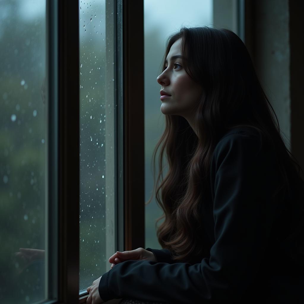 Woman with a sad expression looking out a window, contemplating lost love and betrayal