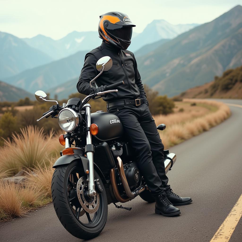 A biker posing with their motorcycle, showcasing a confident and stylish attitude.