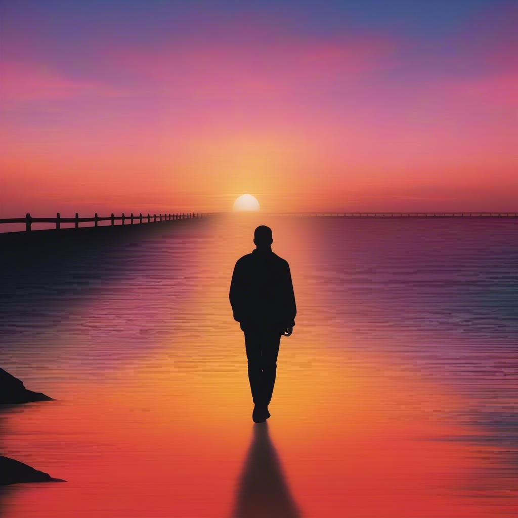 Silhouette of a person walking towards the sunrise