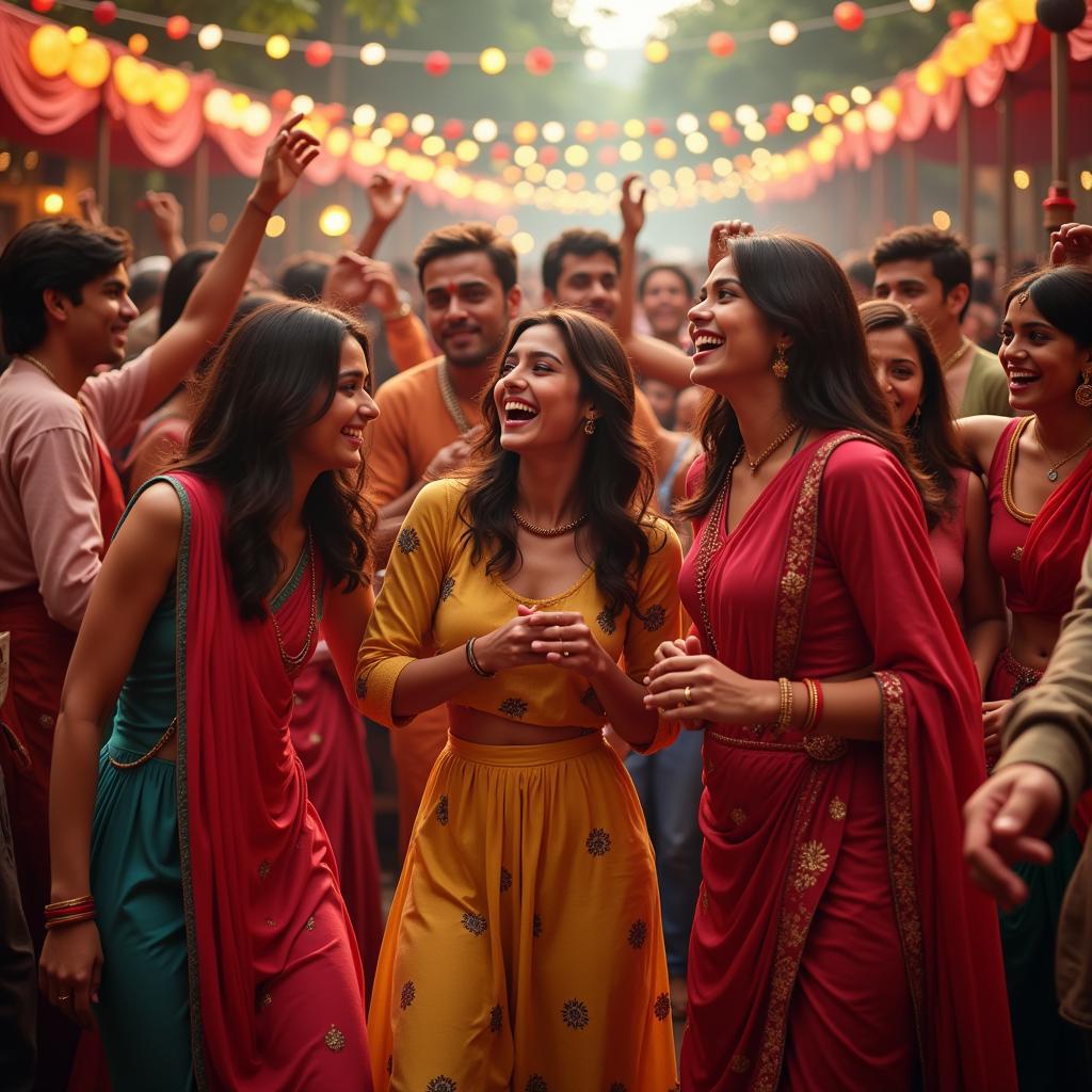 Bollywood scene depicting friends celebrating together.