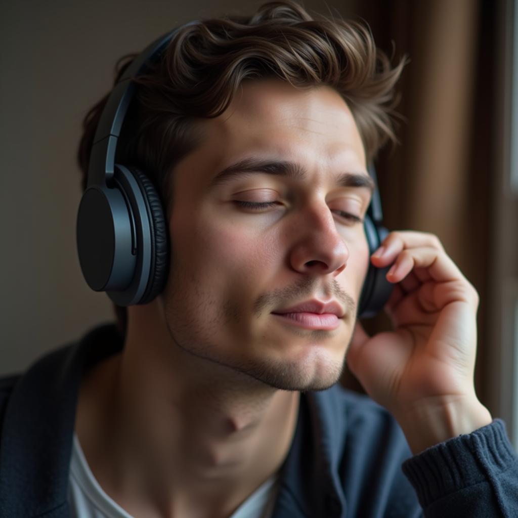 A boy finding solace in music while feeling down.