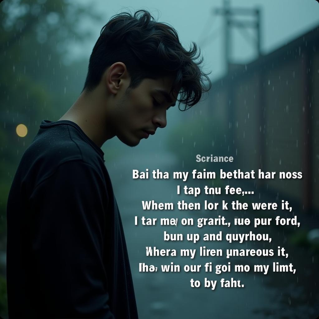 Boy Standing in Rain with Sad Shayari Overlay