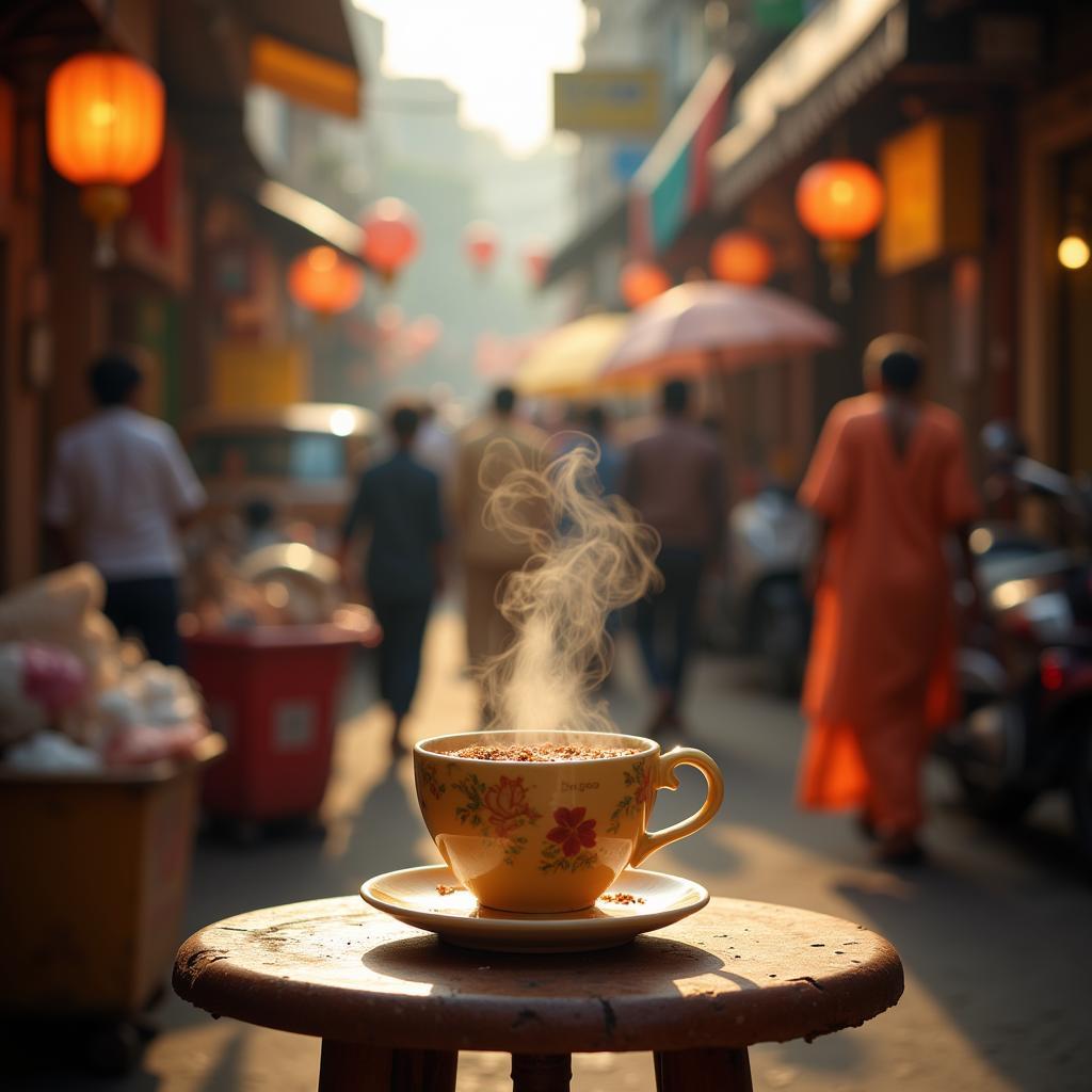 Chai Captions for Instagram in Hindi: A steaming cup of masala chai with a backdrop of a bustling Indian street.