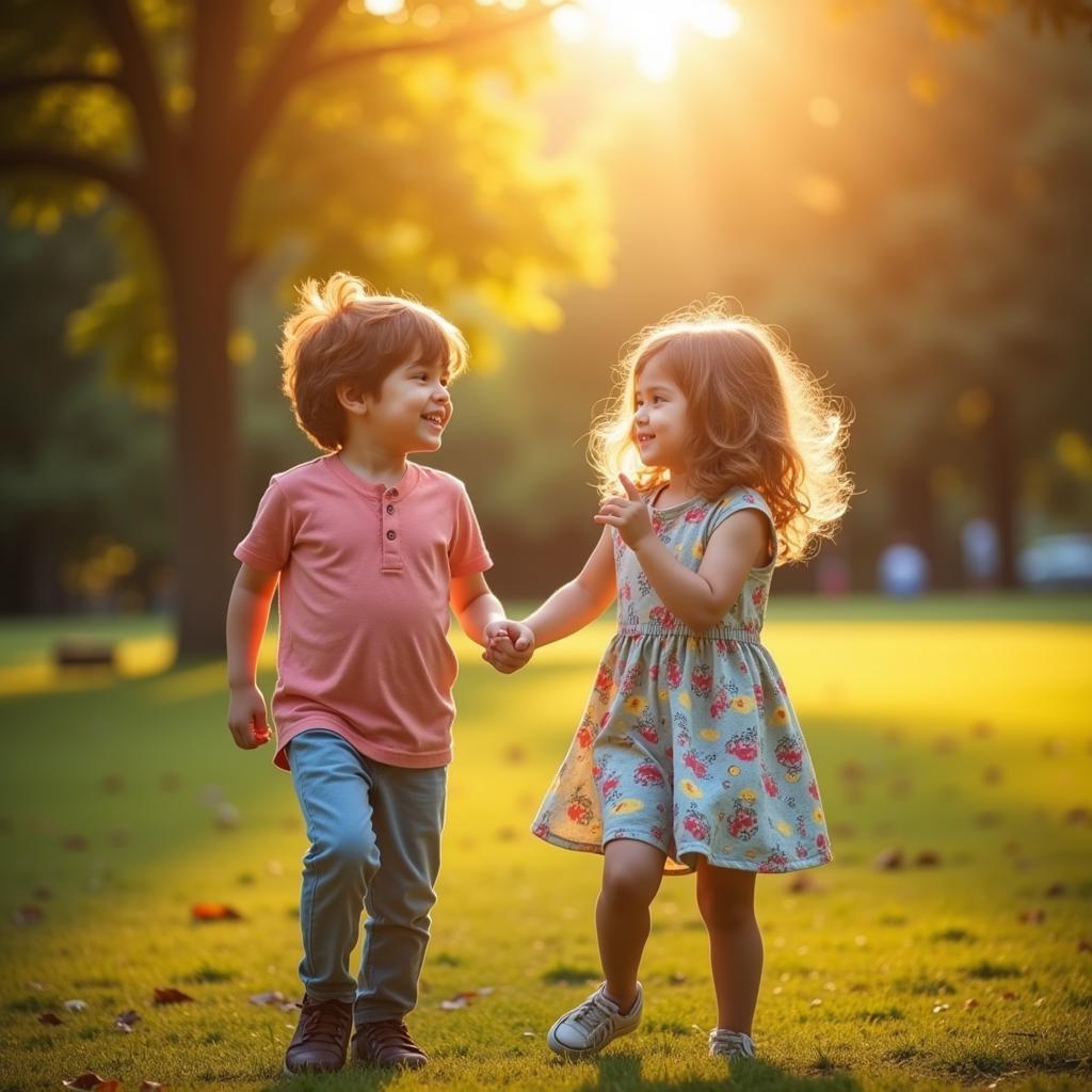 Children playing together in a park, symbolizing the carefree joy of childhood friendships