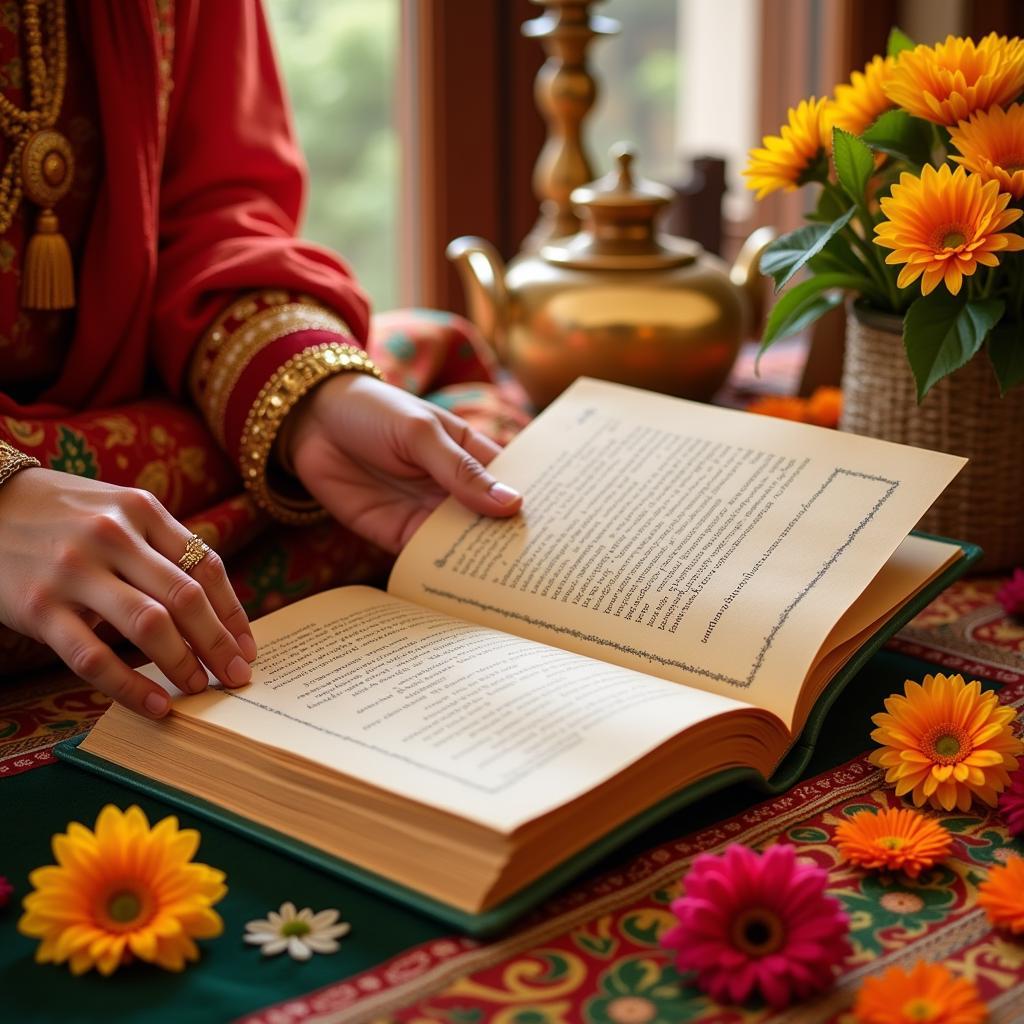 Selecting the Perfect Hindi Welcome Shayari - A person browsing a book of shayari, surrounded by colorful flowers and decorative items, highlighting the process of finding the right verse.