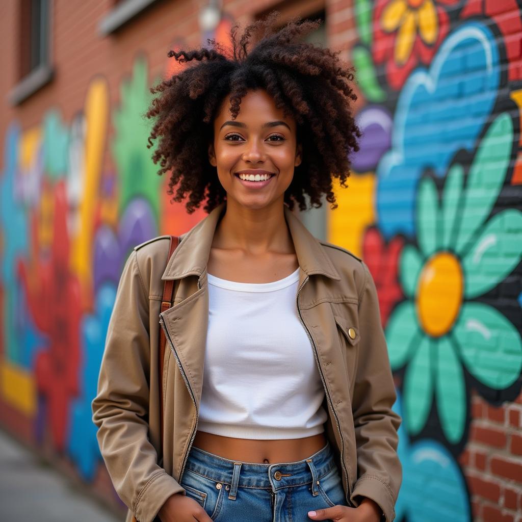 A young woman posing confidently against a vibrant background