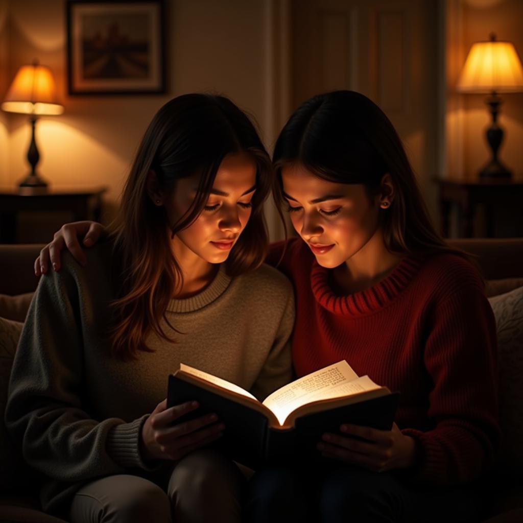 A couple sitting together, reading a book of shayari, with warm lighting and a cozy atmosphere.