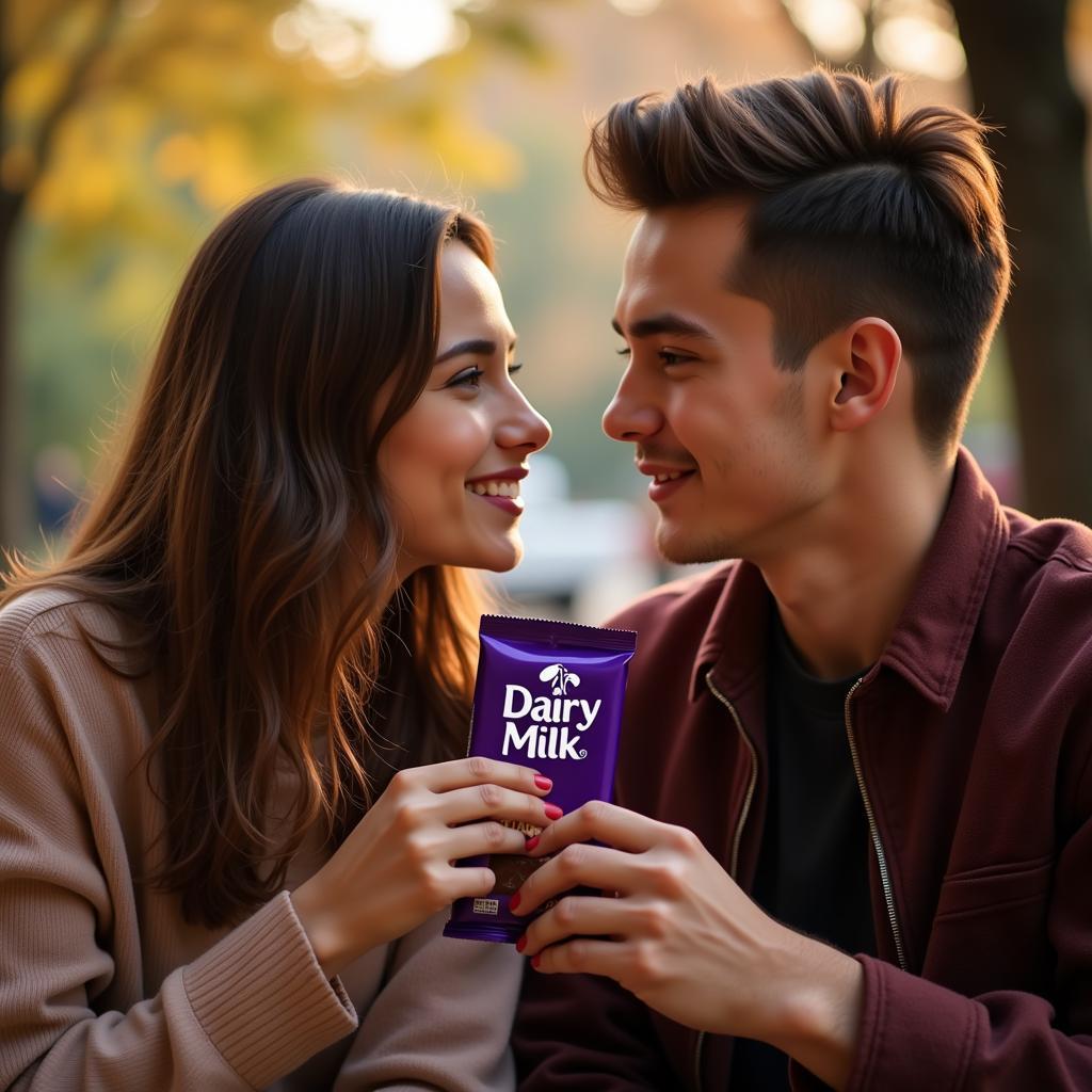 Romantic Couple Sharing Dairy Milk Chocolate