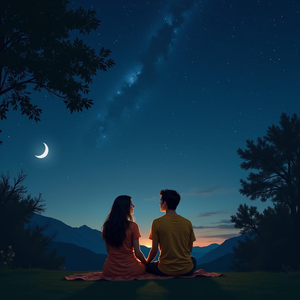 Couple embracing under a starry night, expressing their love through shayari.