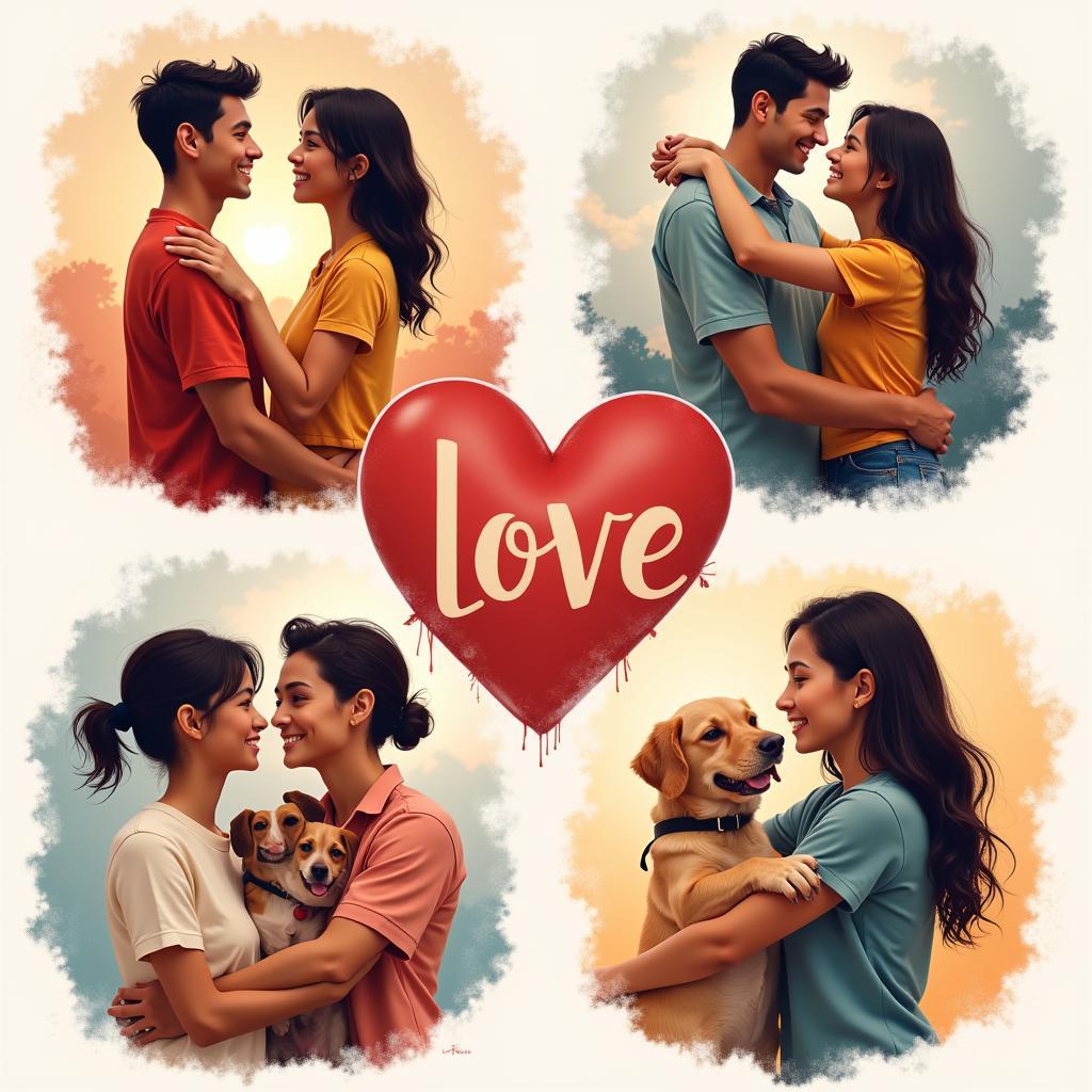 Diverse representations of love, including a couple holding hands, a parent hugging a child, friends laughing together, and a person embracing a pet.