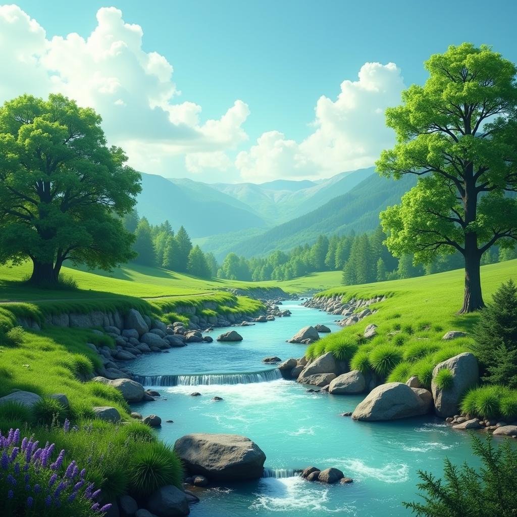 Serene Nature Scene with a Flowing River and Lush Greenery