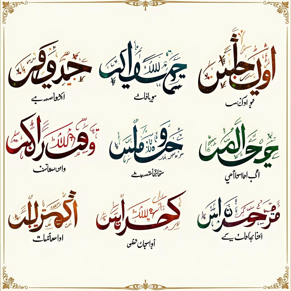 Calligraphy representing various emotions related to trust in Urdu.