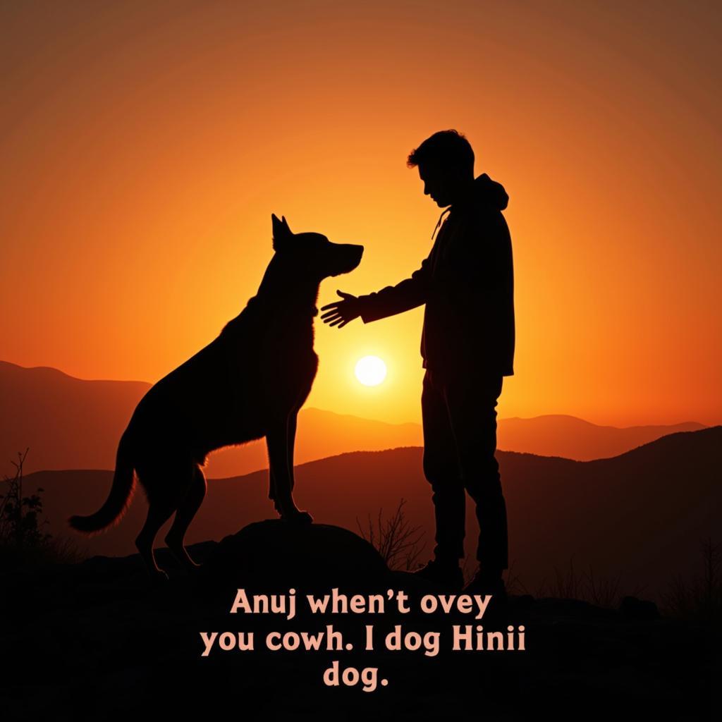 Silhouette of a person and their dog at sunset with a Hindi dog love quote overlaid.