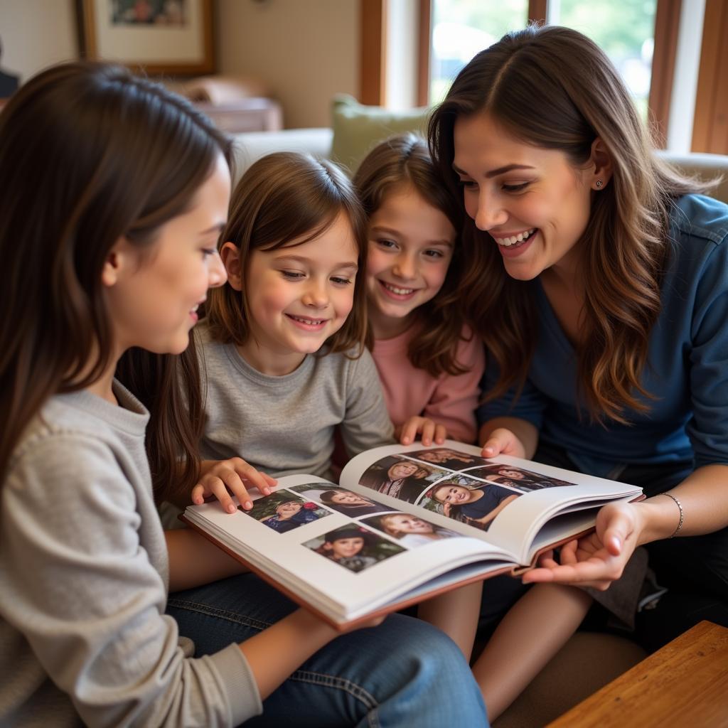 A family looking through a photo album together