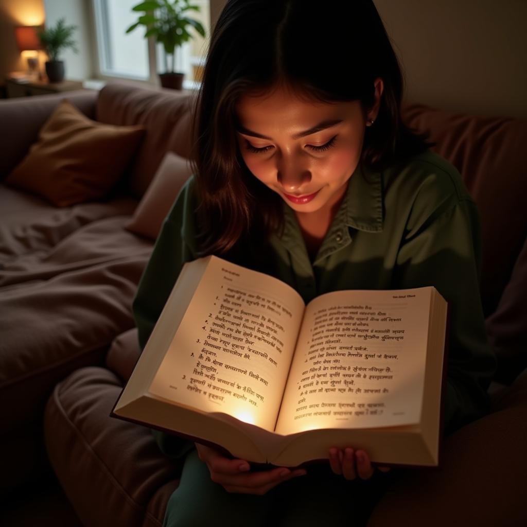 A person reading a book of Hindi shayari, illustrating the continued popularity and accessibility of this art form.