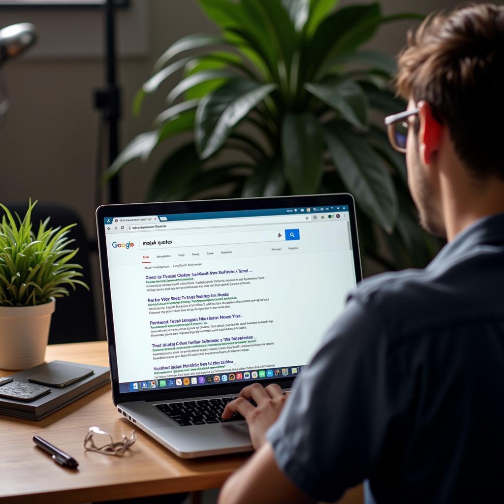 A person searching for "majak quotes in Hindi" on a laptop