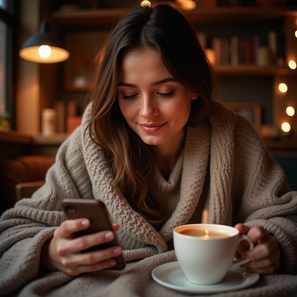 Searching for the ideal love shayari on a phone, with a steaming cup of coffee and a cozy blanket.