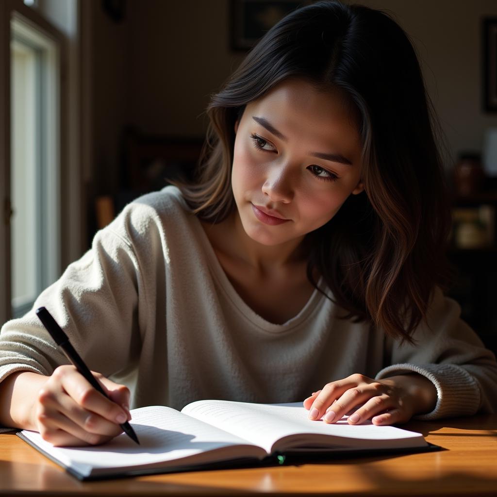 Image of a person writing in a journal with a thoughtful expression