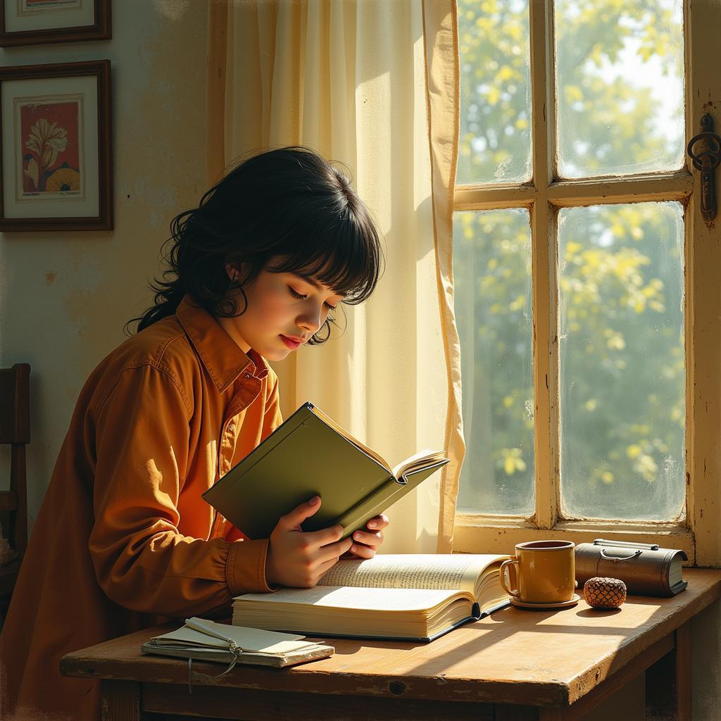 A woman looking pensively out a window, a single tear rolling down her cheek, a notebook and pen lying beside her.