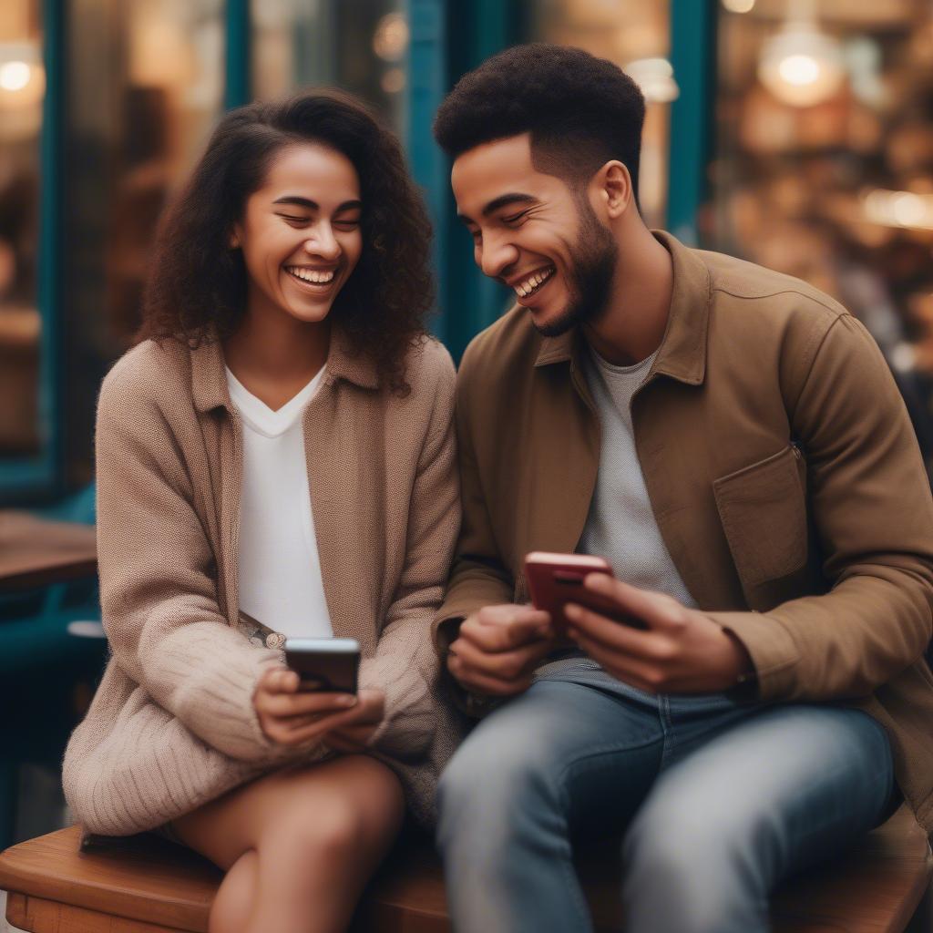 Funny Hindi BF Status: A young couple laughing together, sharing a light moment while looking at a phone.