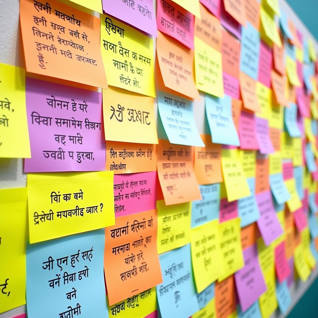 Various themes expressed through Hindi shayari written on colorful sticky notes, showcasing the diversity of emotions and experiences.