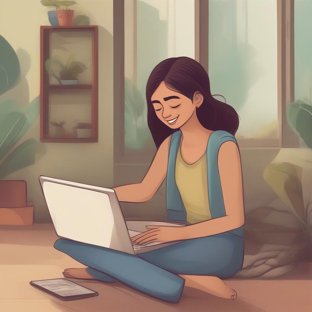 A girl using her laptop to share a happy Hindi status update on social media, connecting with friends and family online.