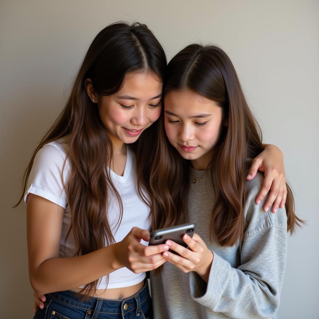 Two girls comforting each other, one is looking at her phone.