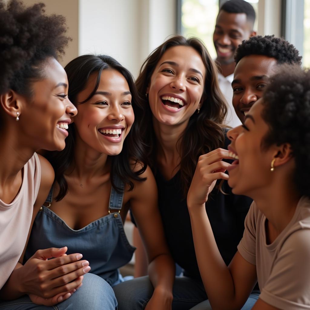 A group of friends laughing and enjoying each other's company, demonstrating the contagious nature of smiles.