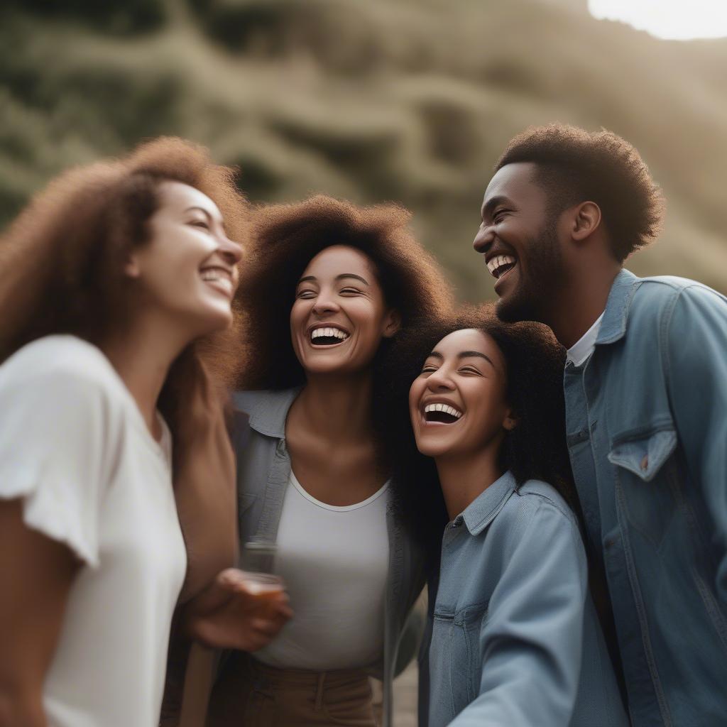 A group of friends laughing and enjoying each other's company in a relaxed setting.