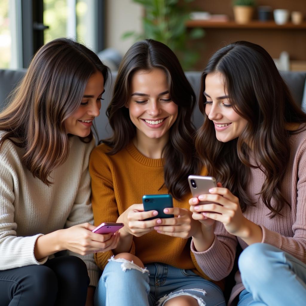 A group of friends sharing ladki quotes on their phones, laughing and bonding over relatable content