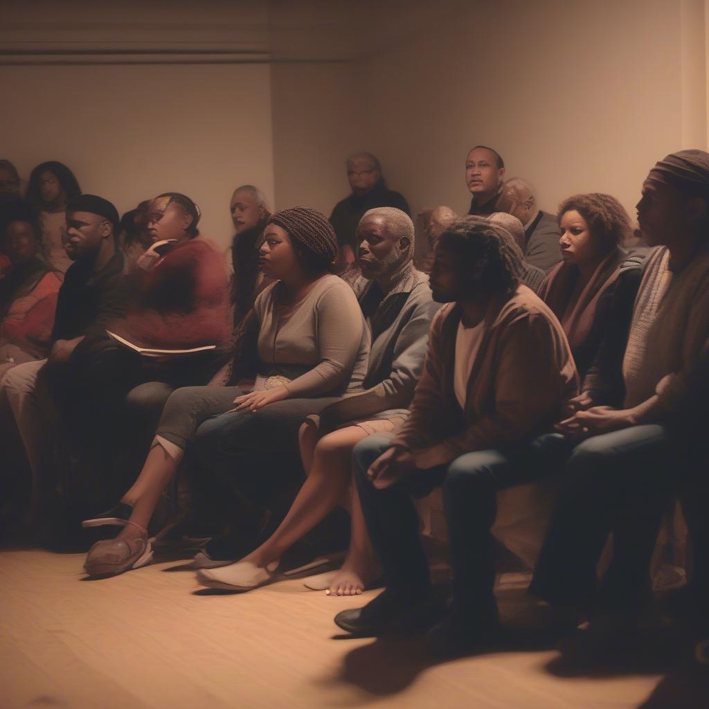 A group of people listening intently to a poetry recitation