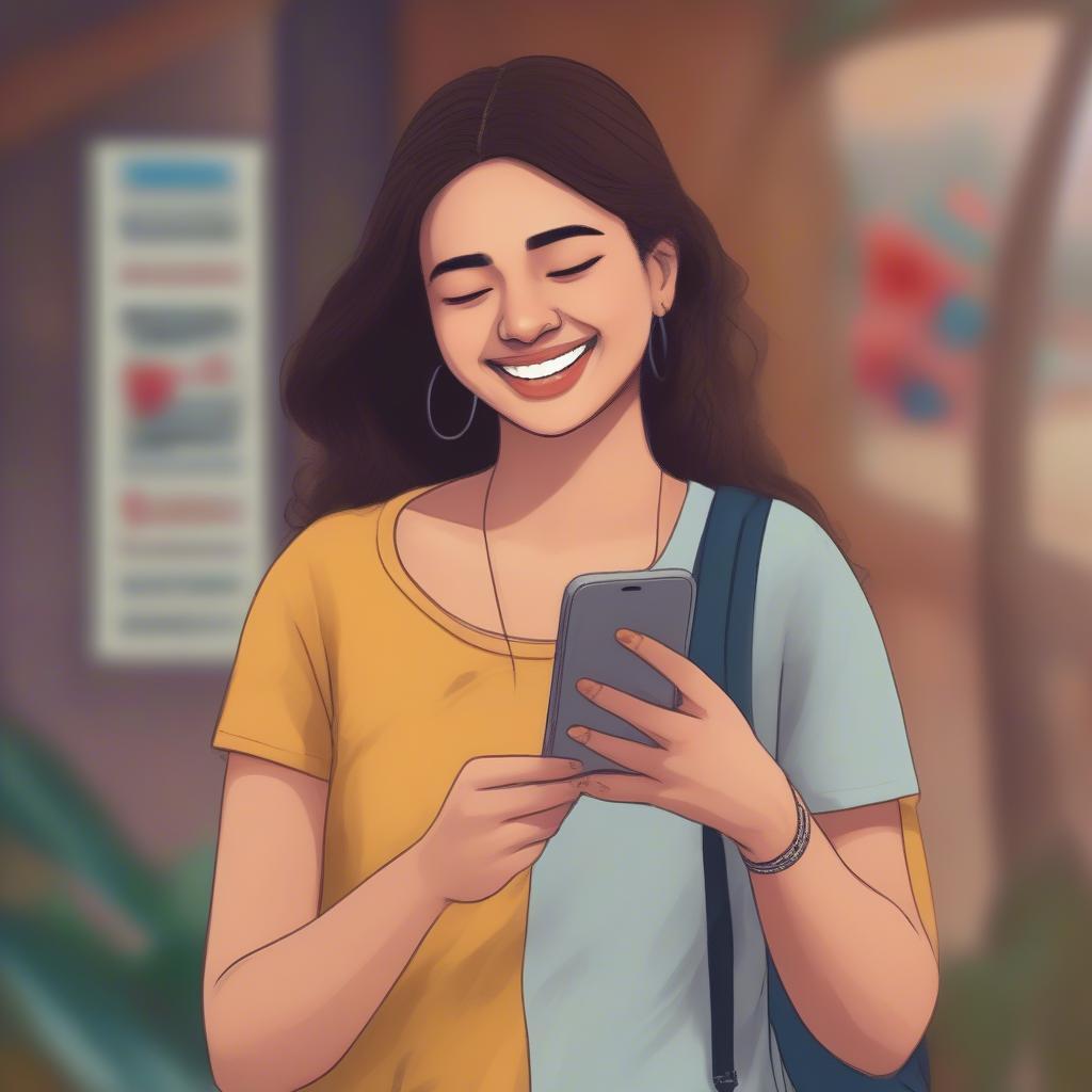 Young woman smiling while checking her phone, showcasing a happy Hindi status update on a social media platform.